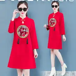 实拍裙子女旗袍式连衣裙中国风民族红色过年衣服女装打底a字裙
