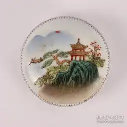 景德镇老厂货瓷器手绘山水图印泥盒