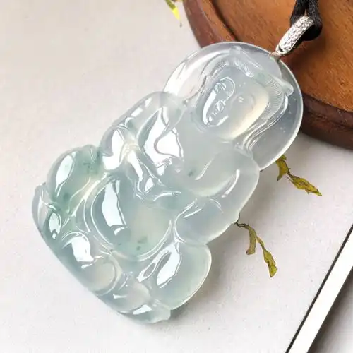 镶18k金钻石冰种飘花翡翠正装观音吊坠