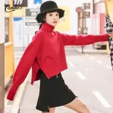红色高领毛衣女宽松