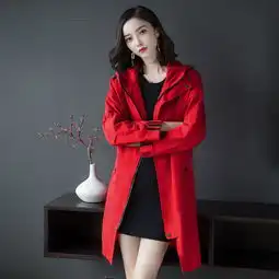 长袖连帽红色风衣女中长款秋装女2018新款韩版春秋季外衣批发