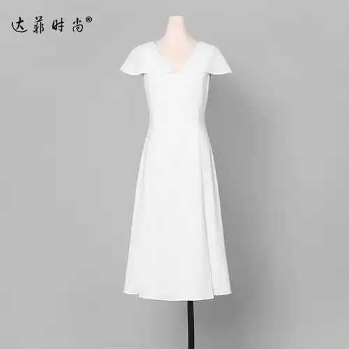 白色裙子v领名媛修身长裙短袖显瘦中长款连衣裙女装夏装2018新款