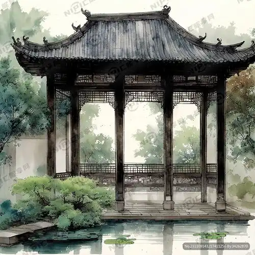 ai创作图中式古典庭院拱门天井下雨雨廊藻井花窗苏州园林水池莲花nipic.com