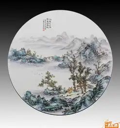 粉彩山水圆瓷板山气日夕佳