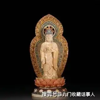 海外回流,老牙彩绘雕佛像释迦牟尼佛站姿像
