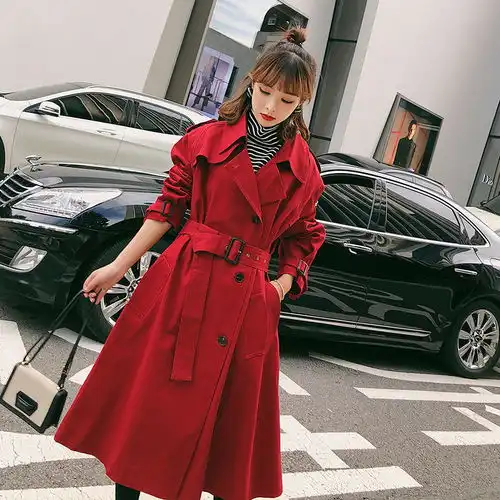 2019春秋季新款红色风衣女中长款韩版外套宽松过膝大衣学生ins潮