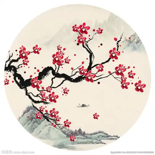 新中式山水红梅圆形装饰画图片