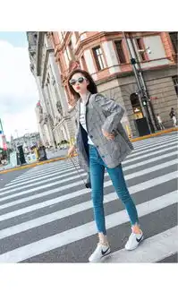 施悦名2018复古冷淡风蓝色格纹单排扣小西装女ins宽松休闲短款西服外套