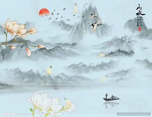 新中式山水背景墙设计图室内广告设计