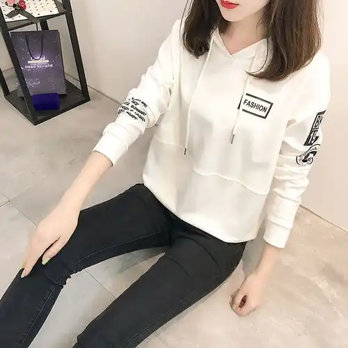 tzf春秋白色卫衣女长袖韩版宽松棉质学生cec薄款连帽外套潮ins