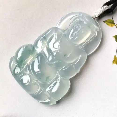 镶18k金钻石冰种飘花翡翠正装观音吊坠
