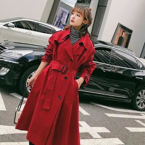 春秋新款2019流行风衣女韩版宽松学生中长款waitmore外套大红色