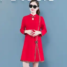 实拍裙子女旗袍式连衣裙中国风民族红色过年衣服女装打底a字裙