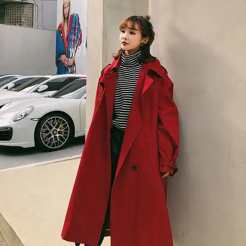 2019春秋季新款红色风衣女中长款韩版外套宽松过膝大衣学生ins潮