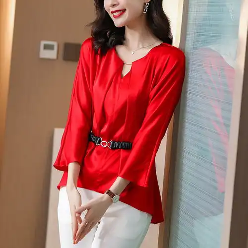 施悦名红色弹力缎真丝衬衫女2021春装新款女人味衬衣收腰显瘦桑蚕丝上衣